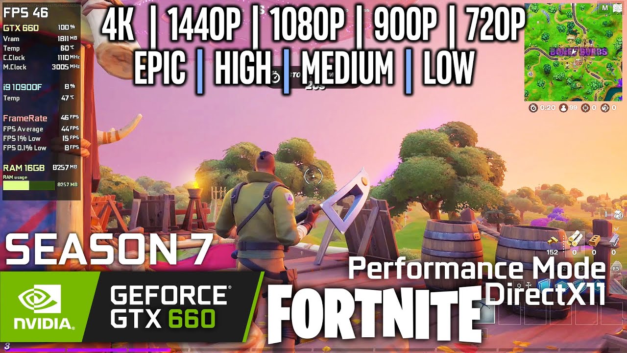 GTX 660 | Fortnite - Chapter 2 / Season 7 - 4K, 1440p, 1080p, 900p, 720p - Epic, High, Medium, Low