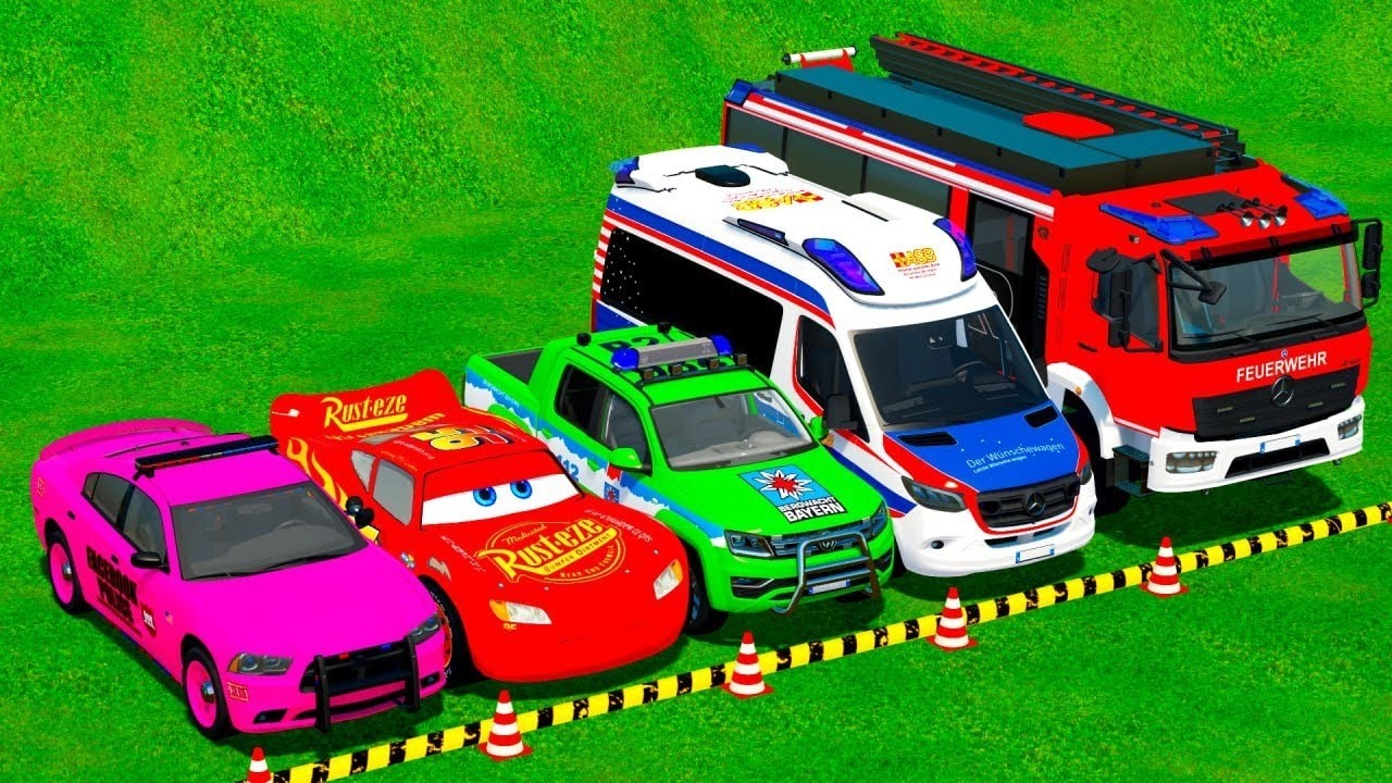 TRANSPORTING PIXAR CARS & FRUITS WITH COLORED & JOHN DEERE vs CLAAS vs TRACTORS - BeamNG.drive #983