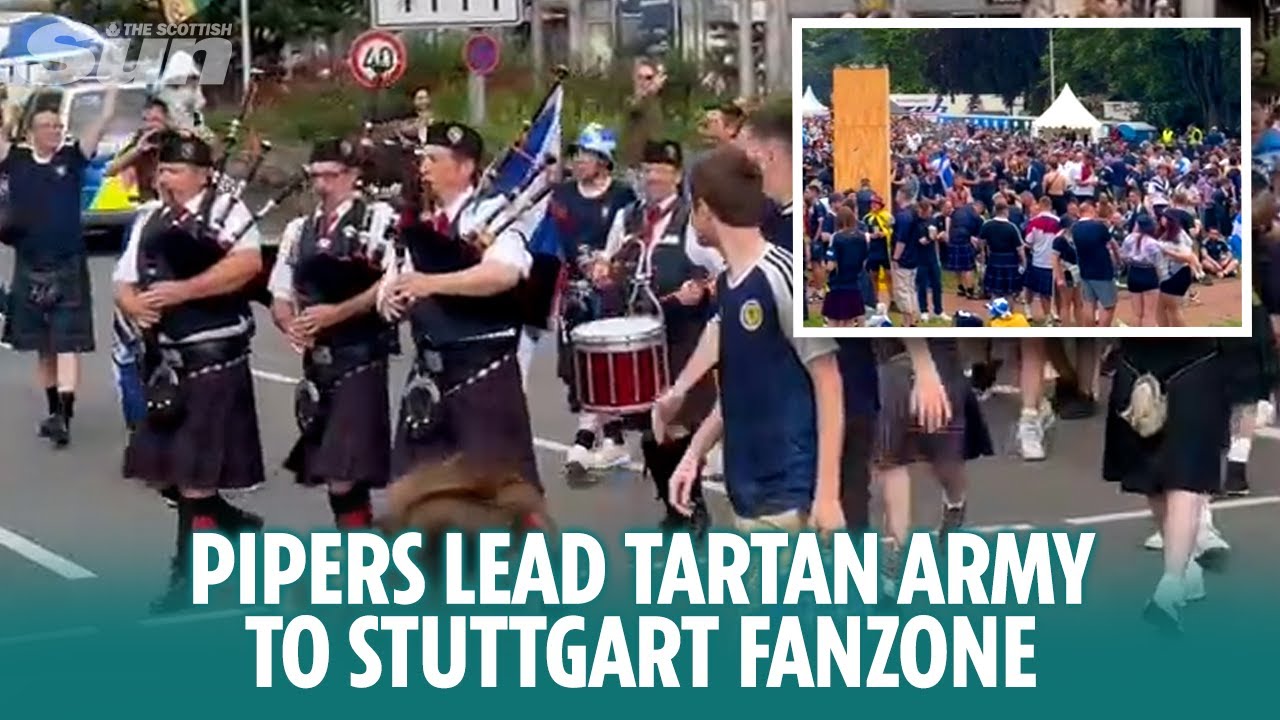 Stuttgart fanzone starts to fill up as pipers lead Tartan Army march