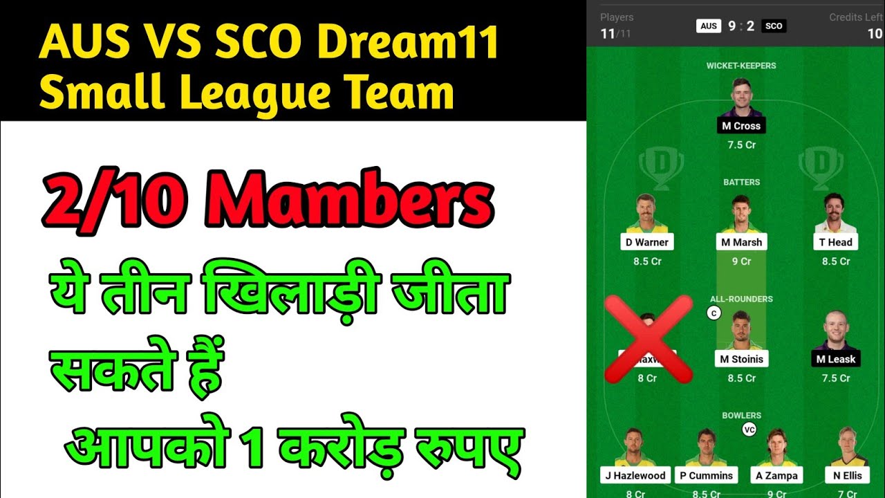 AUS VS SCO Dream11 Team|AUS vs SCO Dream11 Small League Team|AUS vs SCO Dream11 Team