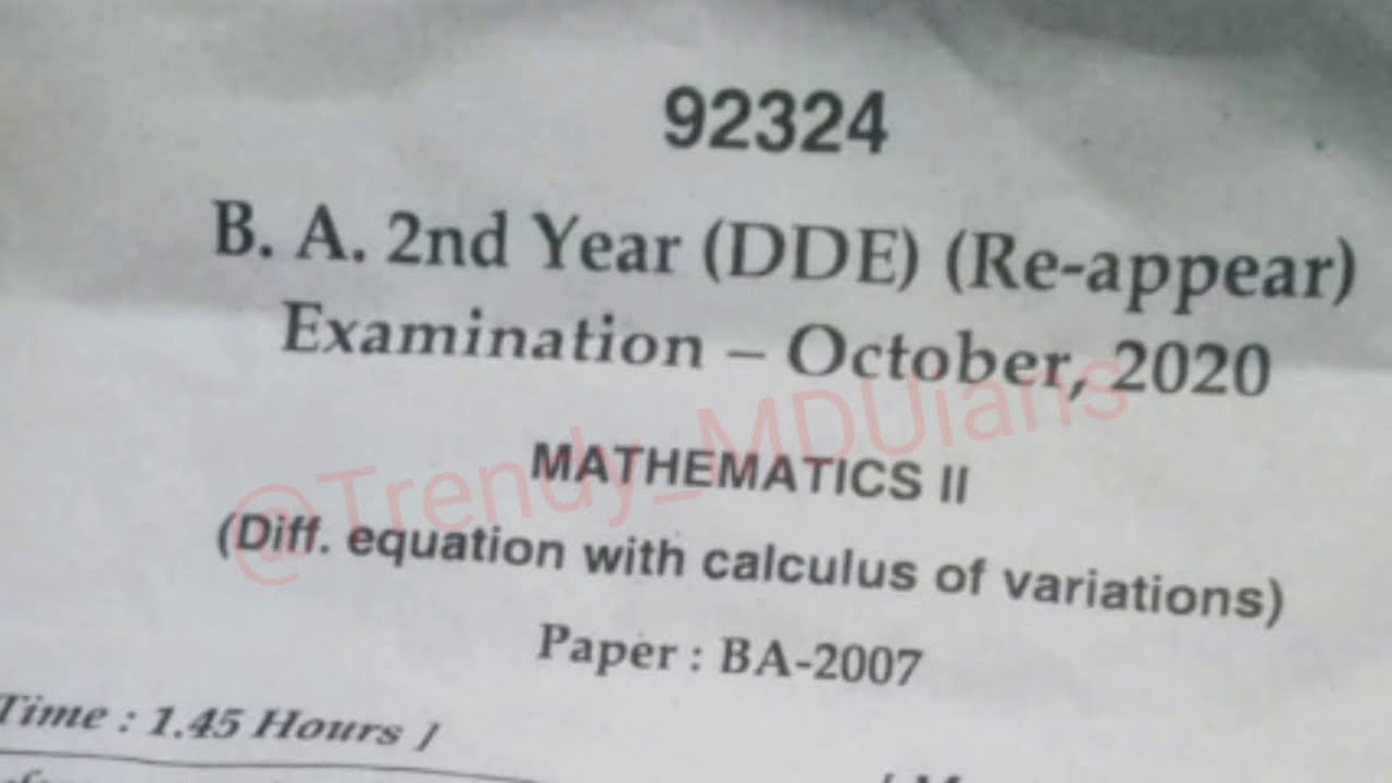 MDU BA DDE 2nd Year Mathematics Question Paper 2020 || MDU Question Paper