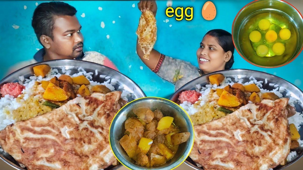 eating show | village home made egg omlette cooking eating | mukbang egg with rice eating