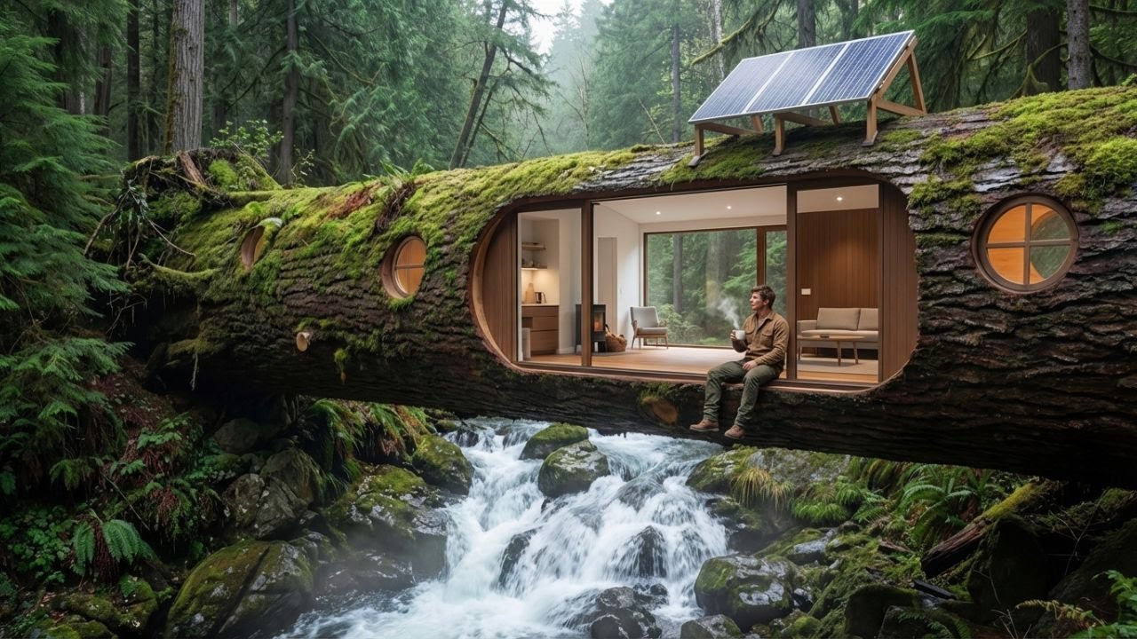 He Built a Hidden Home Inside a Giant Log Over a Waterfall (ASMR) #1