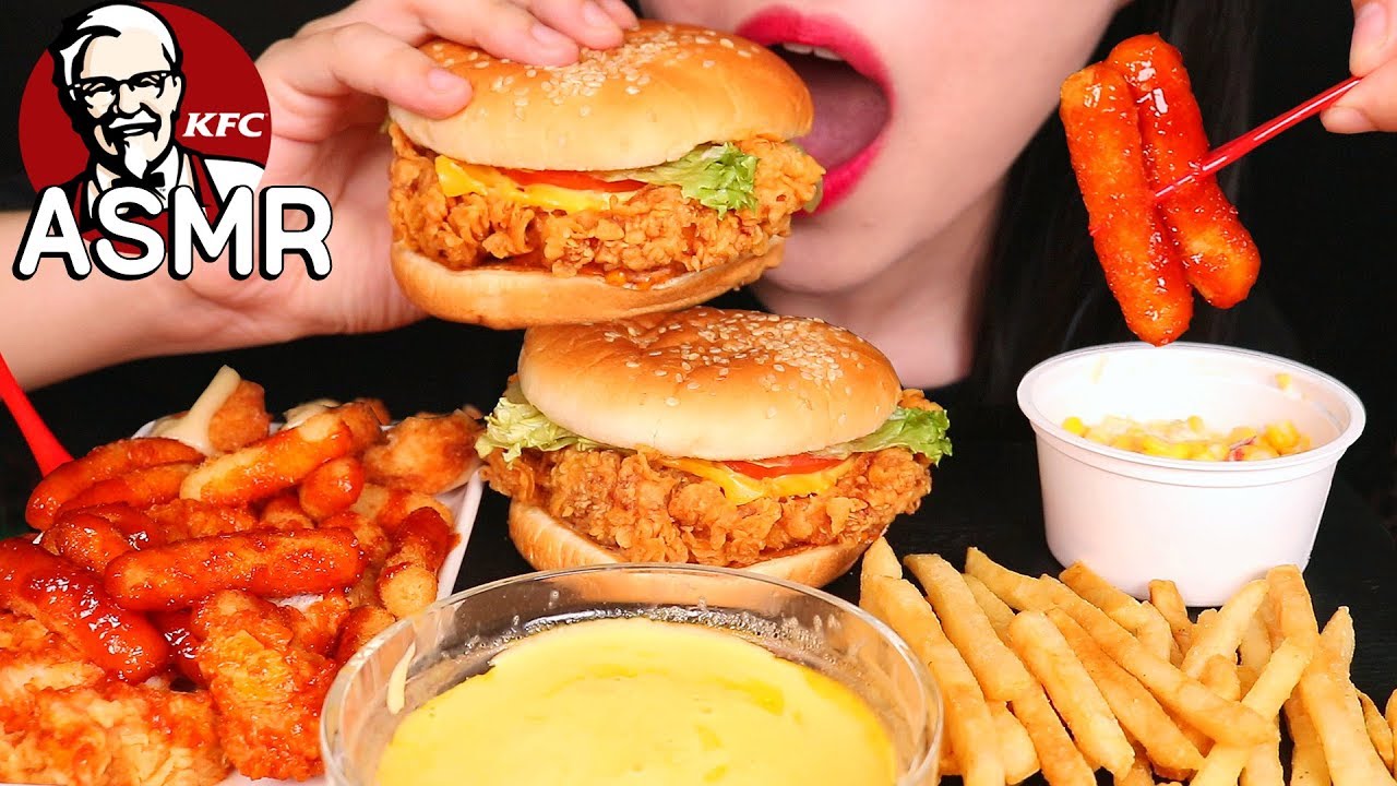 ASMR CHEESE SAUCE + KFC MEAL CHICKEN BURGER 핫치즈징거버거 먹방 ハンバーガー咀嚼音 EATING SOUNDS NO TALKING MUKBANG
