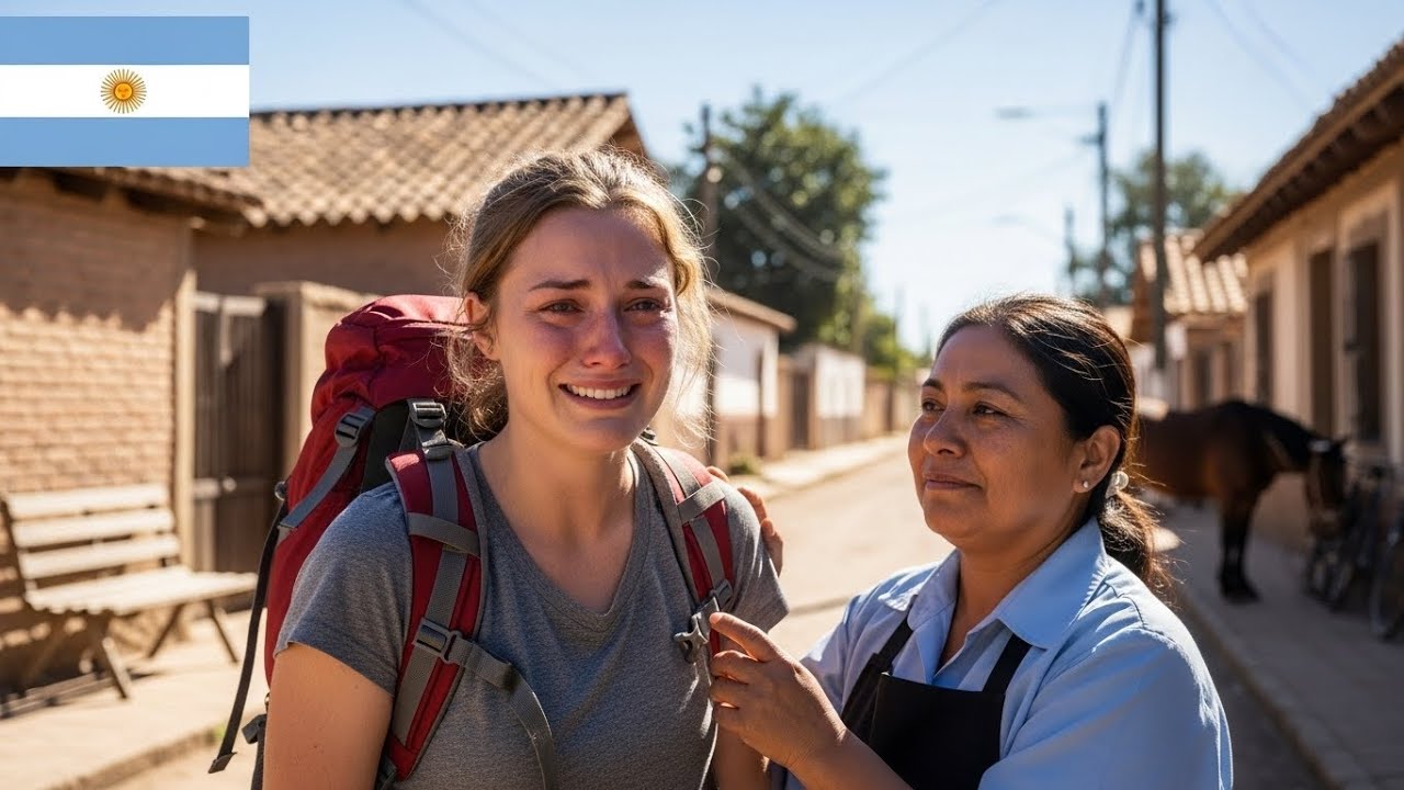 Turista suiza llora al recibir ayuda inesperada de una joven en el campo argentino.