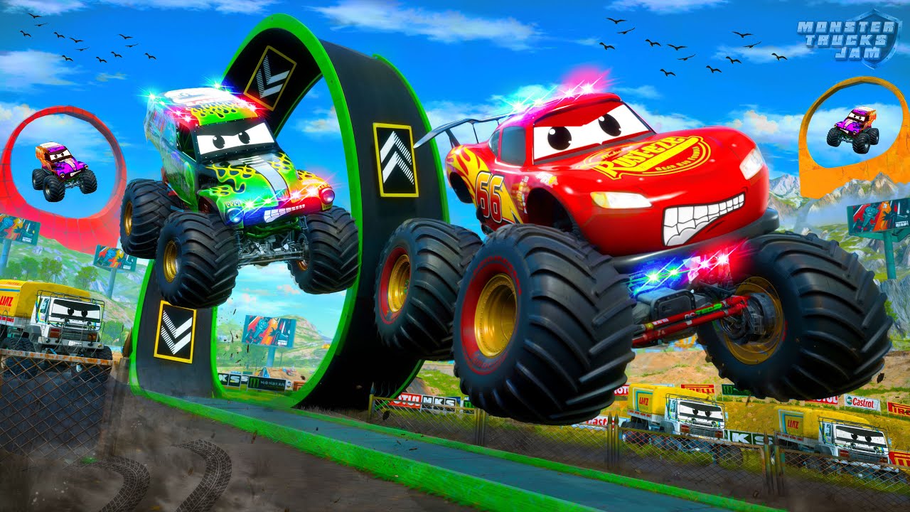 McQueen Monster Truck vs Grave Digger : 🏁 Monster Jam Epic Off‑Road Spiral Ramp Stunts & Crashes!