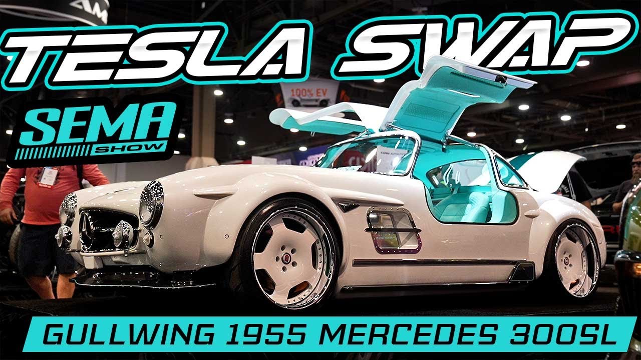 TESLA SWAPPED Gullwing 300sl Mercedes SEMA 2023 Debut | S-Klub LA , Slang500 Tesla Model 3