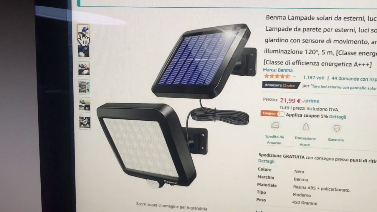 Faretto Solare Benma con pannello solare a 5 m e sensore di movimento