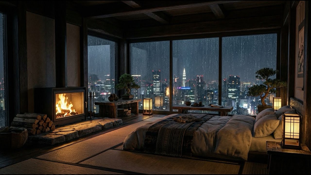 Title Idea: Rain in Tokyo 🌧️ Zen Japanese Bedroom ASMR | Cozy Fireplace & Thunder