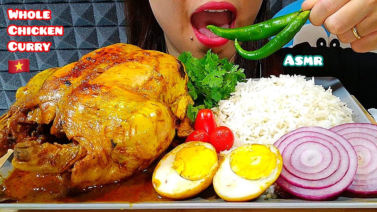 ASMR EATING WHOLE CHICKEN CURRY + RICE + EGG + ONION + HOT PEPPER 먹방 Real Sounds