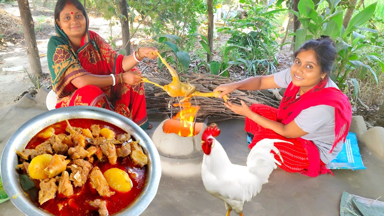 গ্রাম্য পদ্ধতিতে আগুনে পুড়িয়ে কক মুরগীর ঝোল রান্না। White Leghorn Chicken Recipe । Kok Murgi Ranna