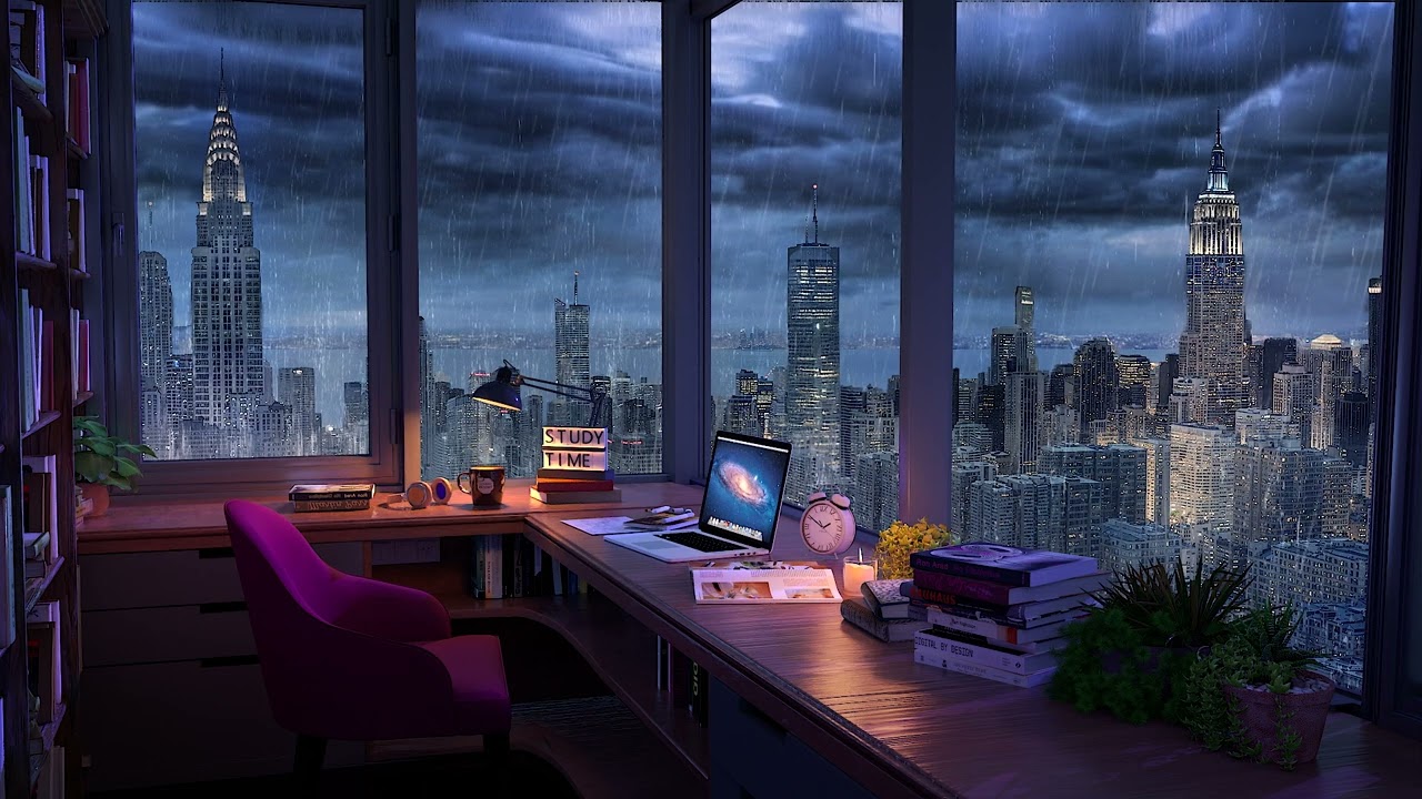 Rainy NYC Study Room Ambience with Thunder Sounds 🌧️ | Focus, Relax, Night City View Coffee Vibes