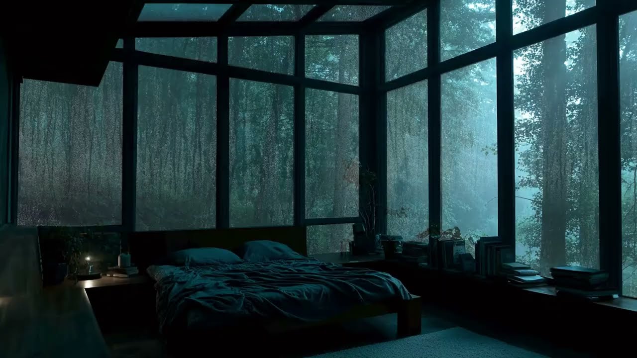 Rain on Window in a Forest Bedroom - Zen Nature Ambience for Stress Relief and Meditation