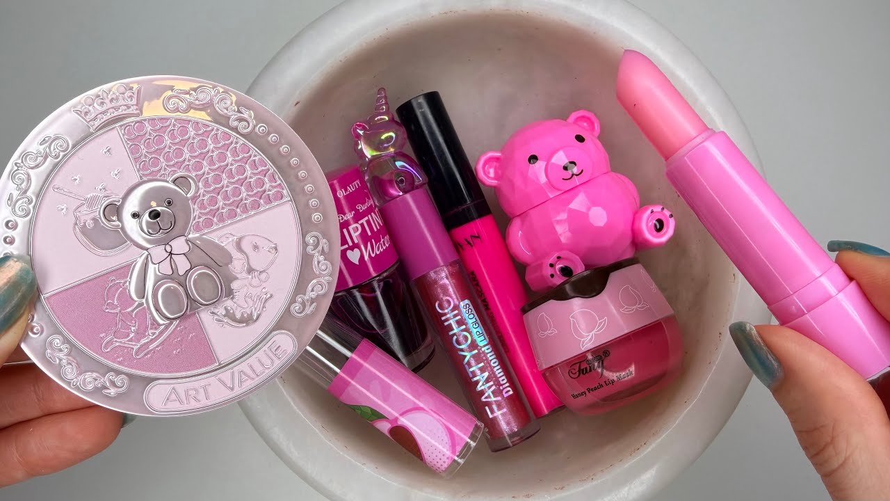 Coloring Slime with Cute🐻🦄🍯🍑Pink🩷 Lipstick💄Lip Balm & Eyeshadow! ASMR & Satisfying Makeup Slime!