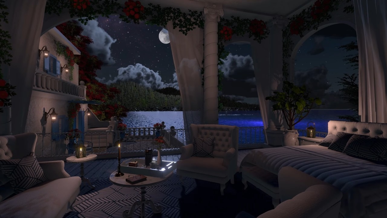 Greek Villa Bedroom | Night Ambience | Ocean Waves & Nature Sounds