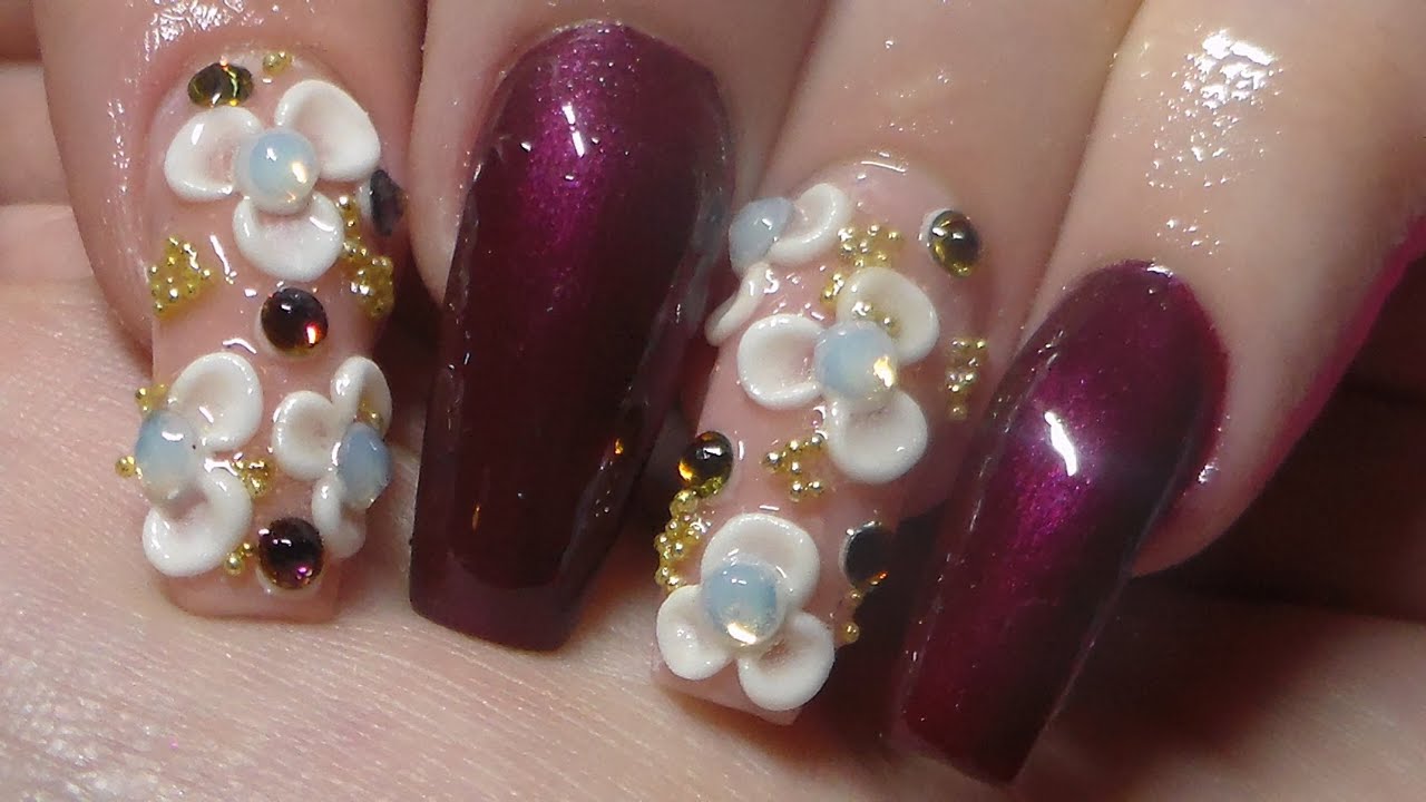 Acrylic Nails | Burgundy | Swarovski Crystals