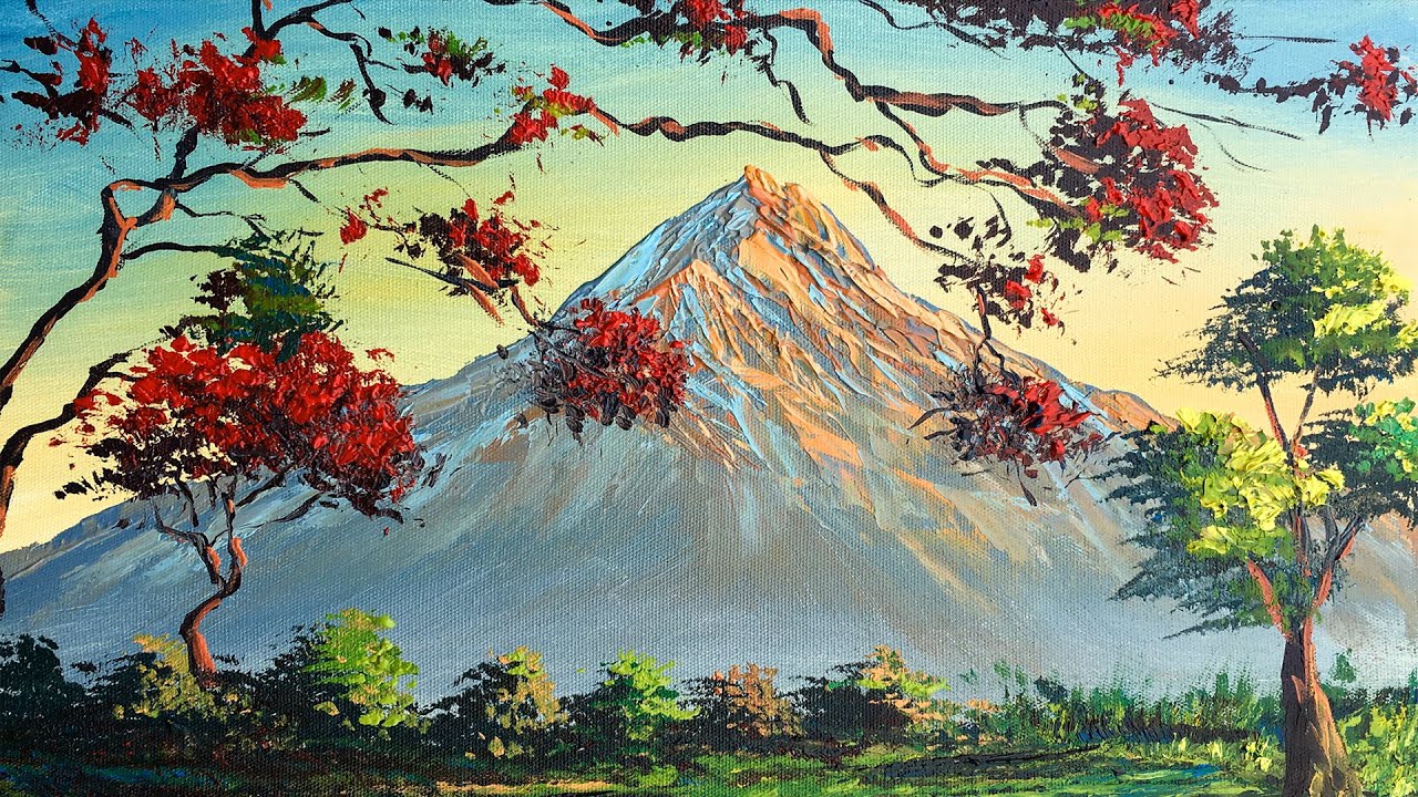 Mountain and Flowers Painting | How to Paint Mountain and Flowers in Acrylics ???