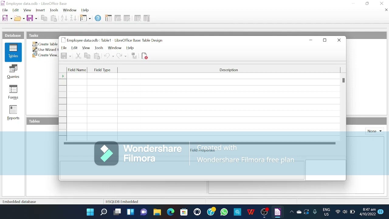 LibreOffice base tutorial 1. How to create table using libreoffice base
