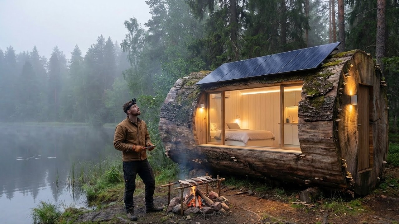 Cabin in a Giant Tree Trunk – Silent 4K ASMR Build by a Misty Lake