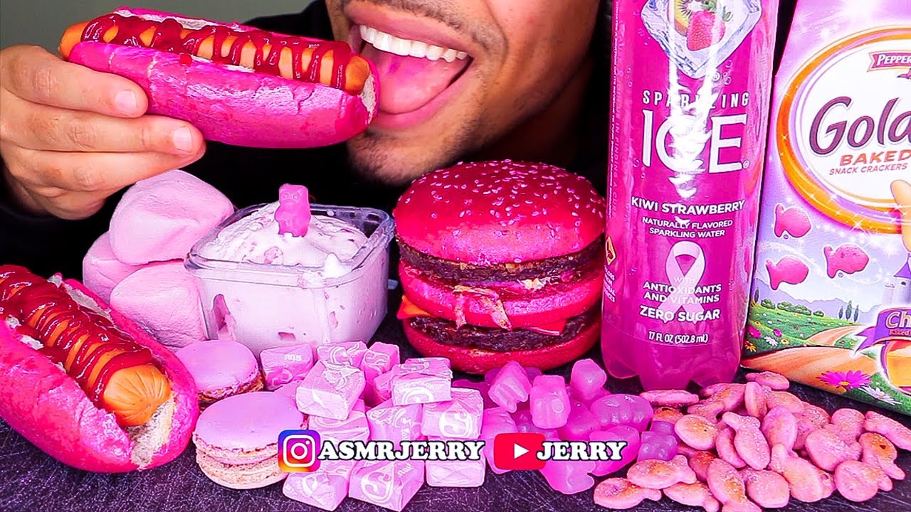 ASMR EATING PINK FOOD ONLY PARTY CHALLENGE HOT DOG BIG MAC MACARONS ICE CREAM BIG BITES MUKBANG