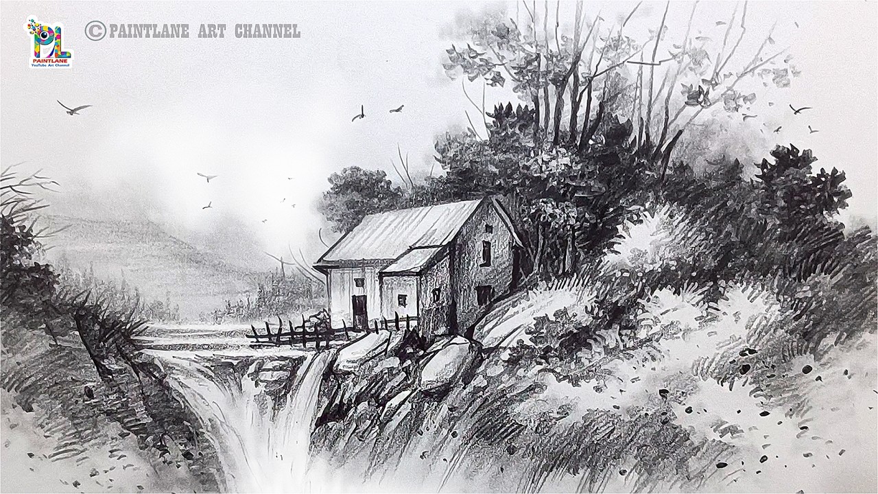 How to draw Easy Pencil Landscape Drawing | Waterfall House Scenery Step by Step for Beginners