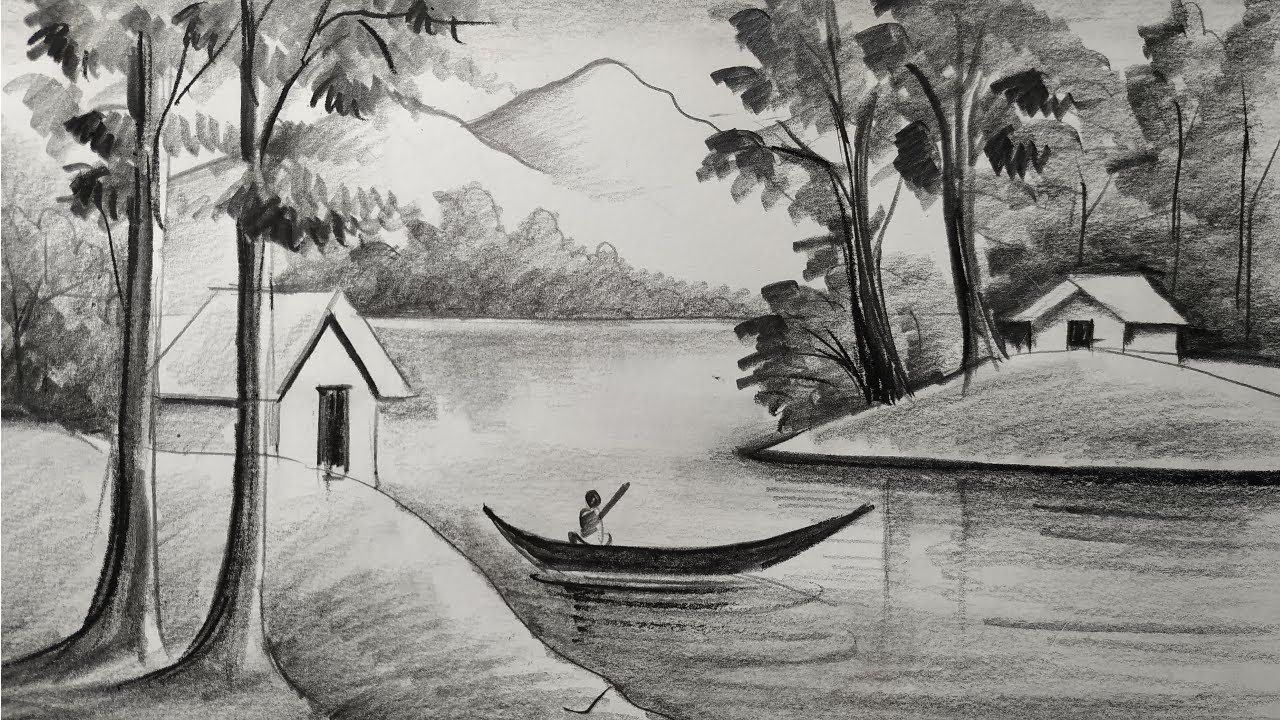 how to draw easy pencil sketch scenery for kids,landscape pahar and river side scenery drawing