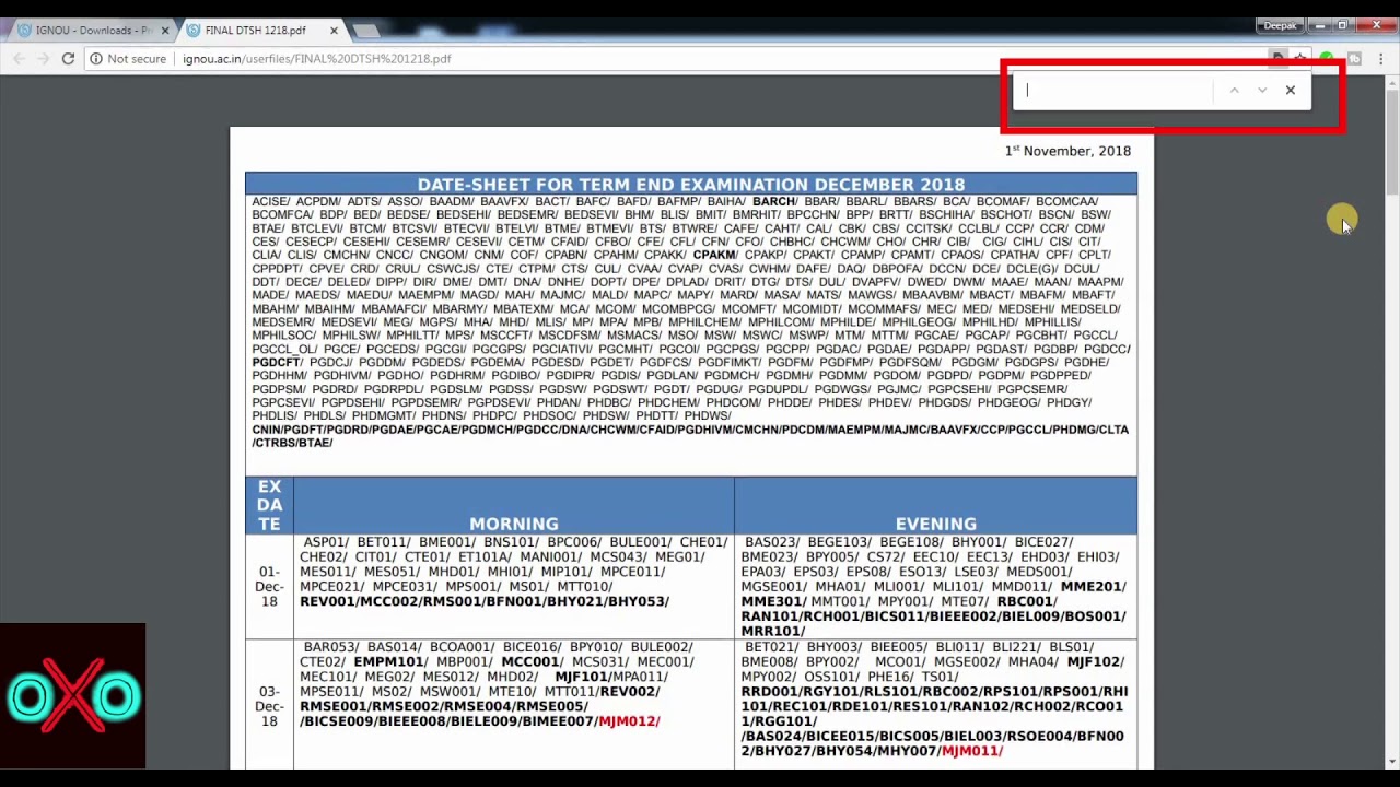 how to search your subject code in IGNOU date sheet december 2018