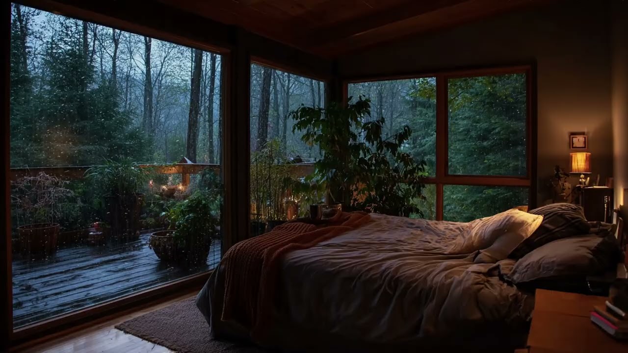 Rainy Night in Cozy Pine Forest Cabin 🌧️ Warm Lamp & Books for Deep Sleep and Peaceful Reading