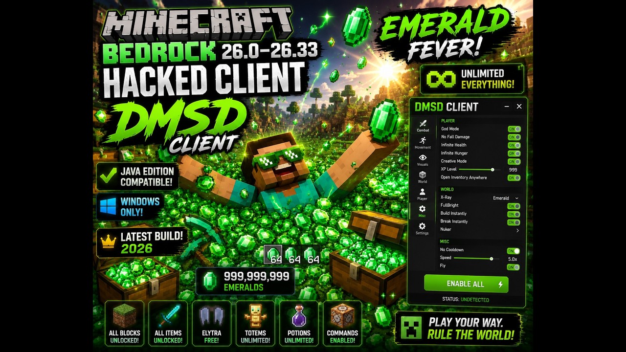 Minecraft Bedrock 26.0&ndash;26.33 Hacked Client (DMSD) | Java Edition Compatible | Windows | Latest Build