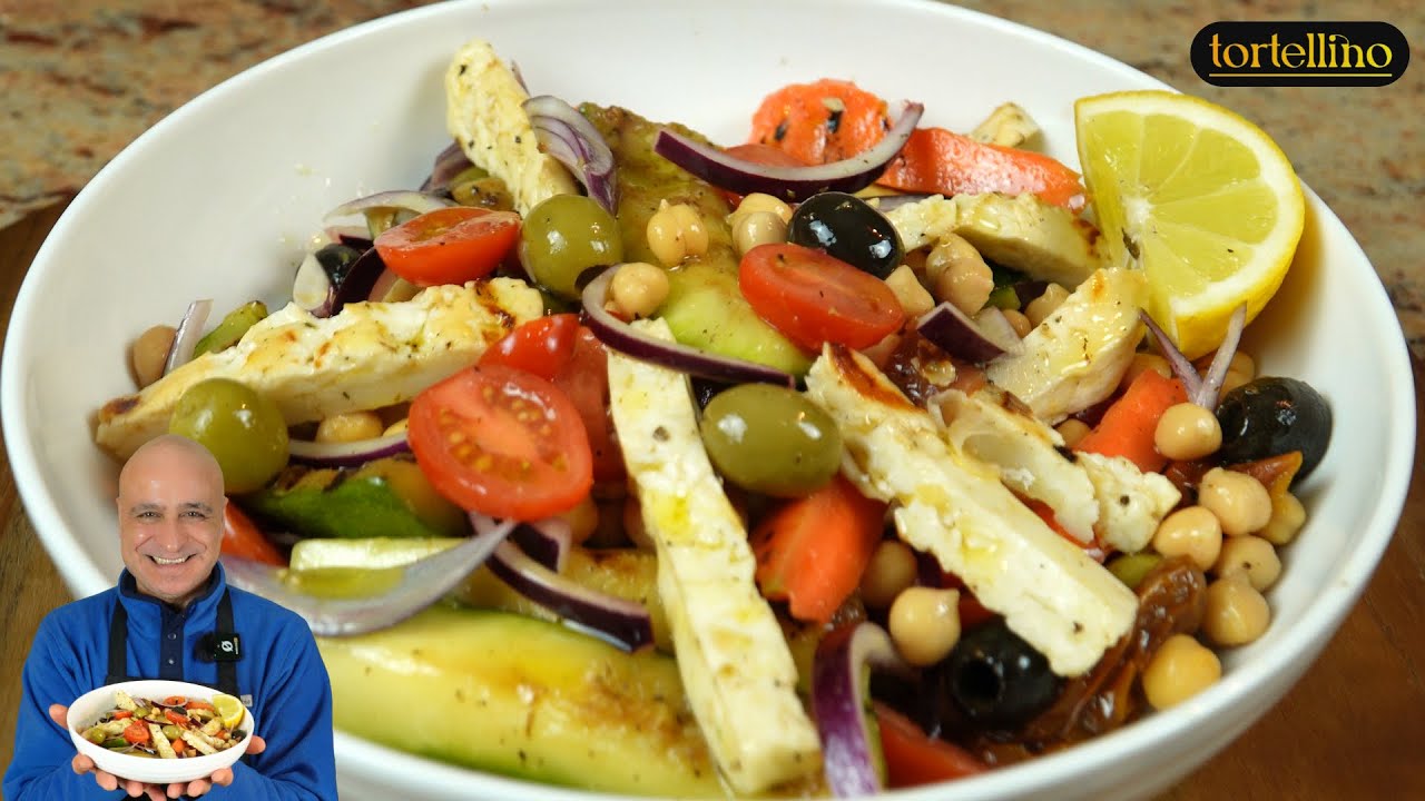 Mediterranean Chickpea Salad with Grilled Halloumi, Carrots & Zucchini