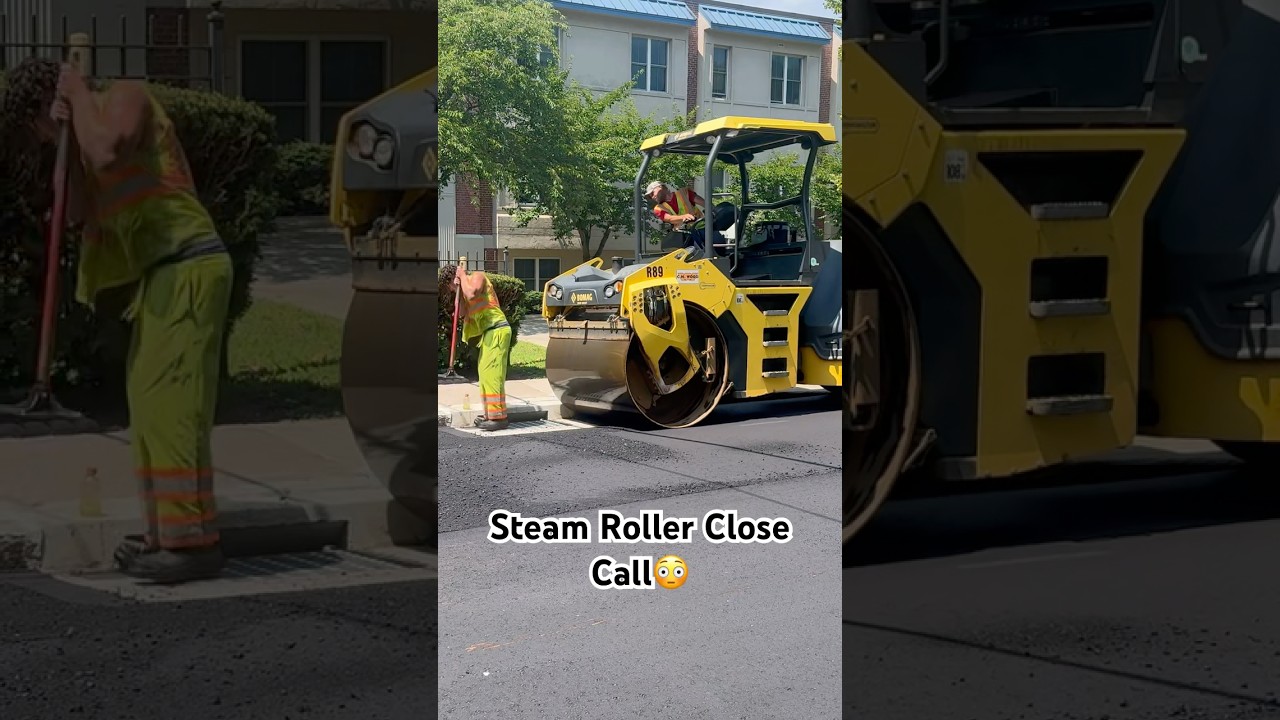 Near MISS on the Steam Roller #construction #roadwork #memes #closecall