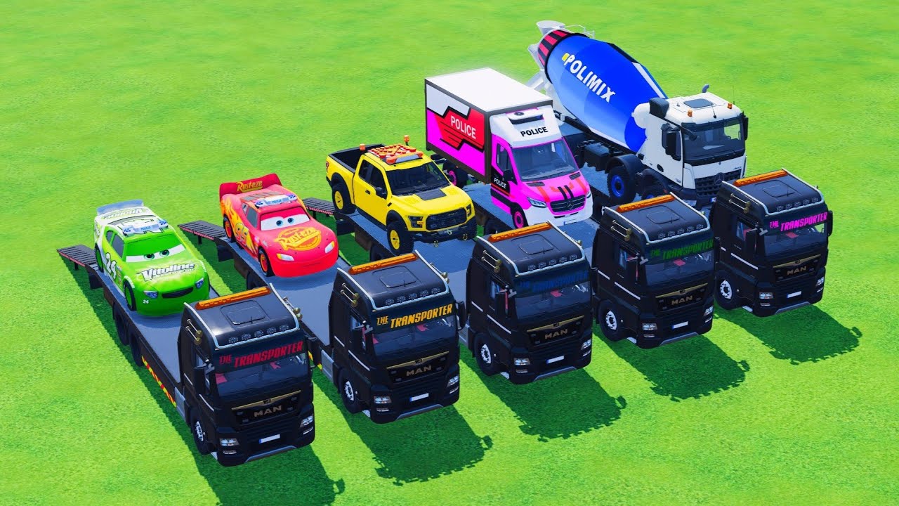 TRANSPORTING with COLOR - MCQUEEN, FORD, MERCEDES, MIXER TRUCK with MAN TRUCK - FS 22 Galaxy Farm