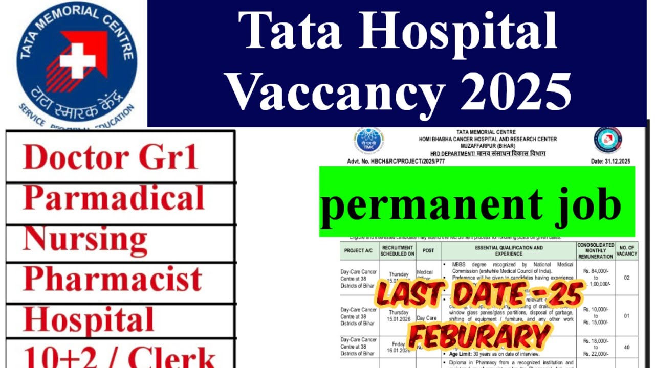 TATA HOSPITAL NURSING & PHARMACIST VACANCY 2025January 3, 2026//TATA HOSPITAL PARMANENT JOB