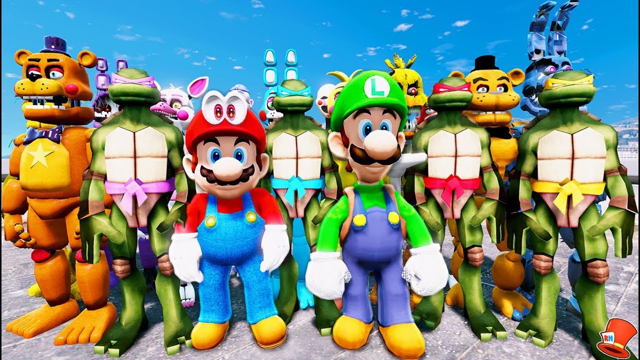 ANIMATRONICS SUPER MARIO ODYSSEY & NINJA TURTLES TEAM! (GTA 5 Mods FNAF RedHatter)