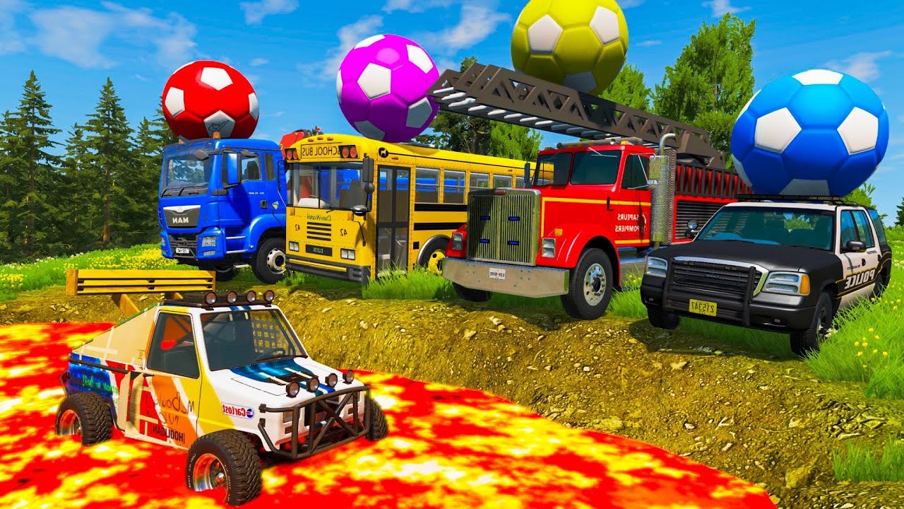 Cars vs Lazer - Cars vs Lava - Tractor transporting Cars with Long Flatbed - BeamNG.Drive