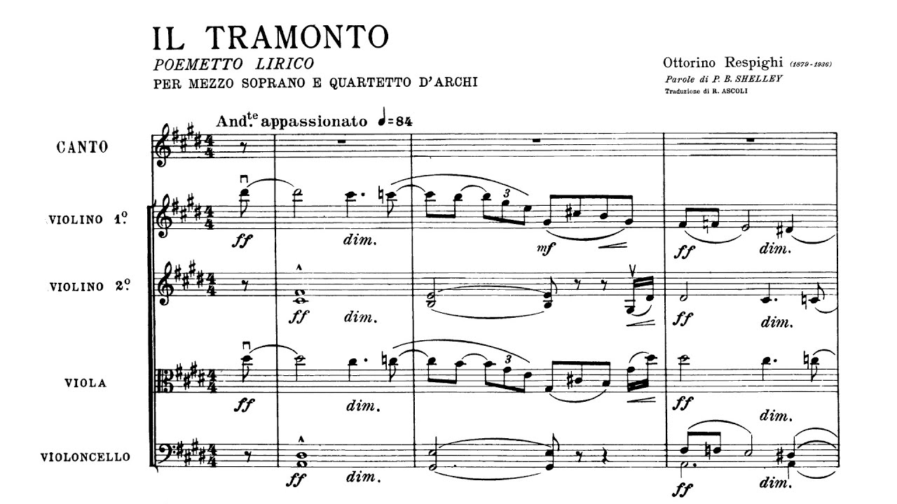Respighi - 'Il Tramonto' for Soprano and String Quartet (Score)