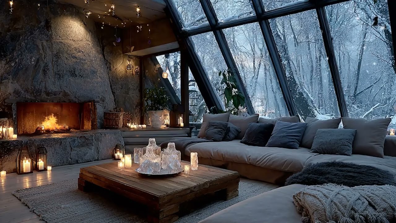 Cozy Winter Piano Lounge  Relaxing Fireplace & Gentle Snowfall Ambience for Sleep, Study & Focus