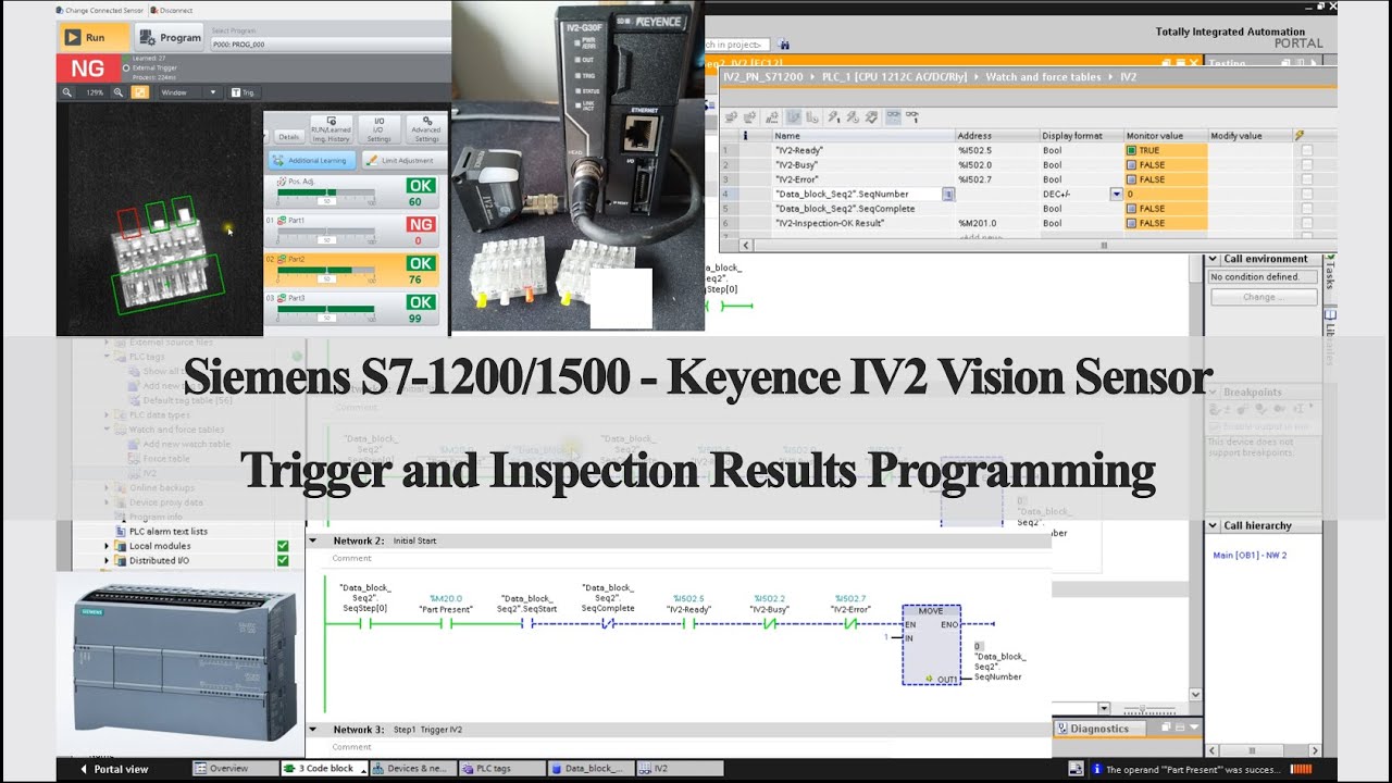 K17b. Siemens PLC and Keyence IV2 Vision Sensor Trigger and Inspection Results Programming