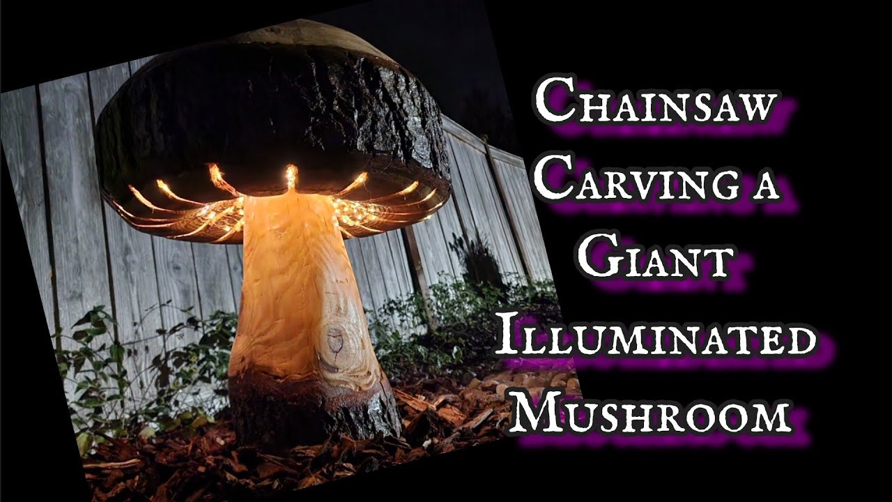 A Giant Illuminated Mushroom... #chainsawcarving #gardenlights #mushroomart
