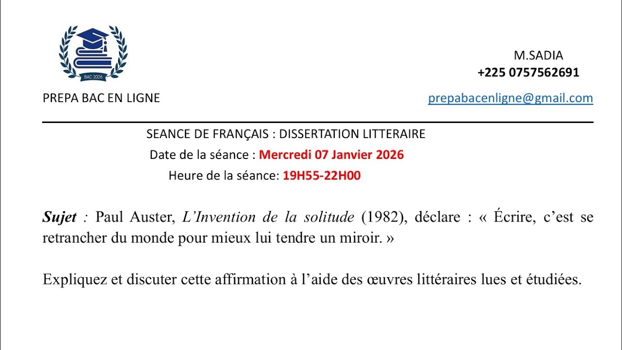 SUJET DE DISSERTATION LITTÉRAIRE TYPE BAC 2026