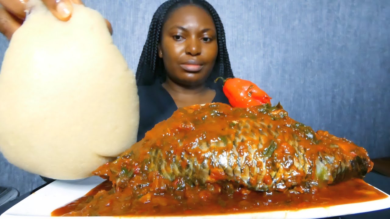 Asmr mukbang delicious spicy fish spinach stew with fufu 