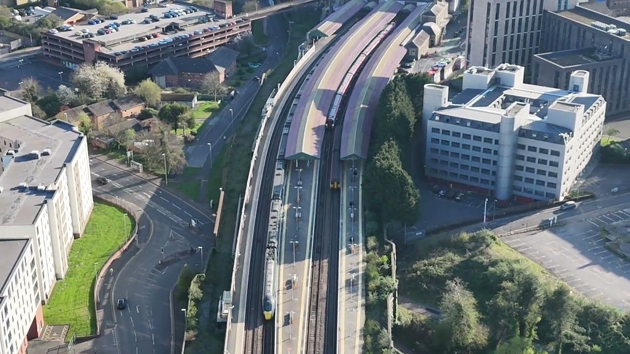 Swansea Train Station - Train Spotting, Copperopolis, River Tawe & Kilvey Hill - 4K Drone Footage