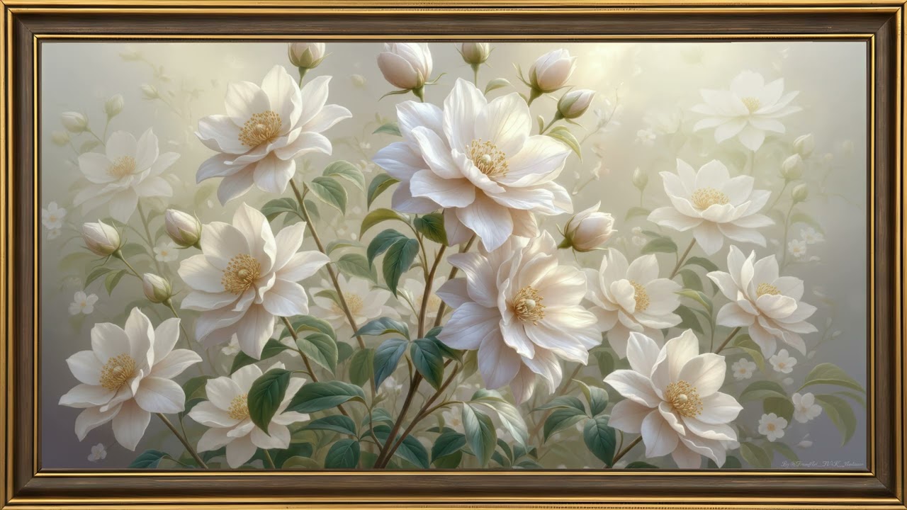 Golden Petal Glow: 4K White Peony Art with Subtle Sparkle Animation | Frame TV Art - 8 Hours