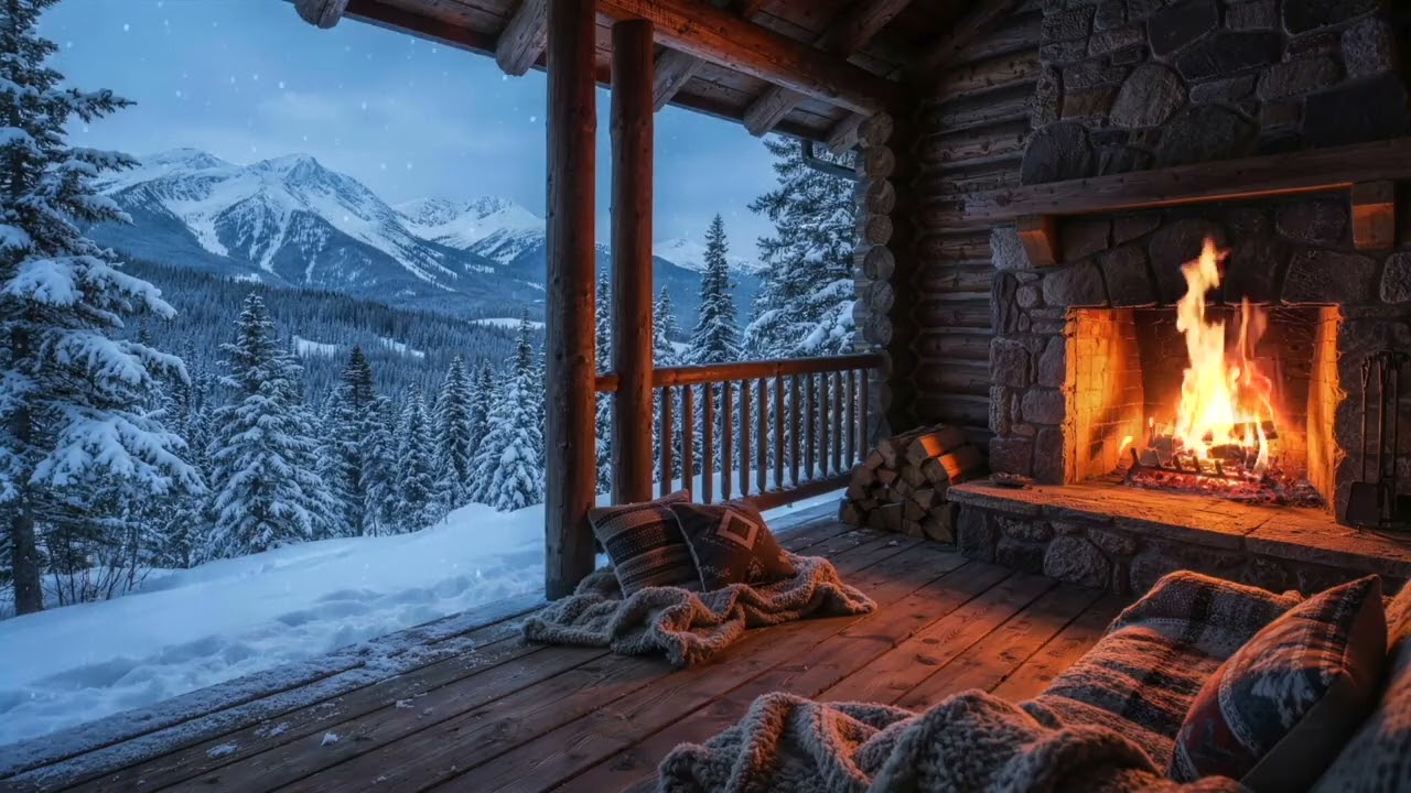 Soft Wind & Snowy in Cozy Cabin | Fireplace Sounds for Sleep (8 Hours)