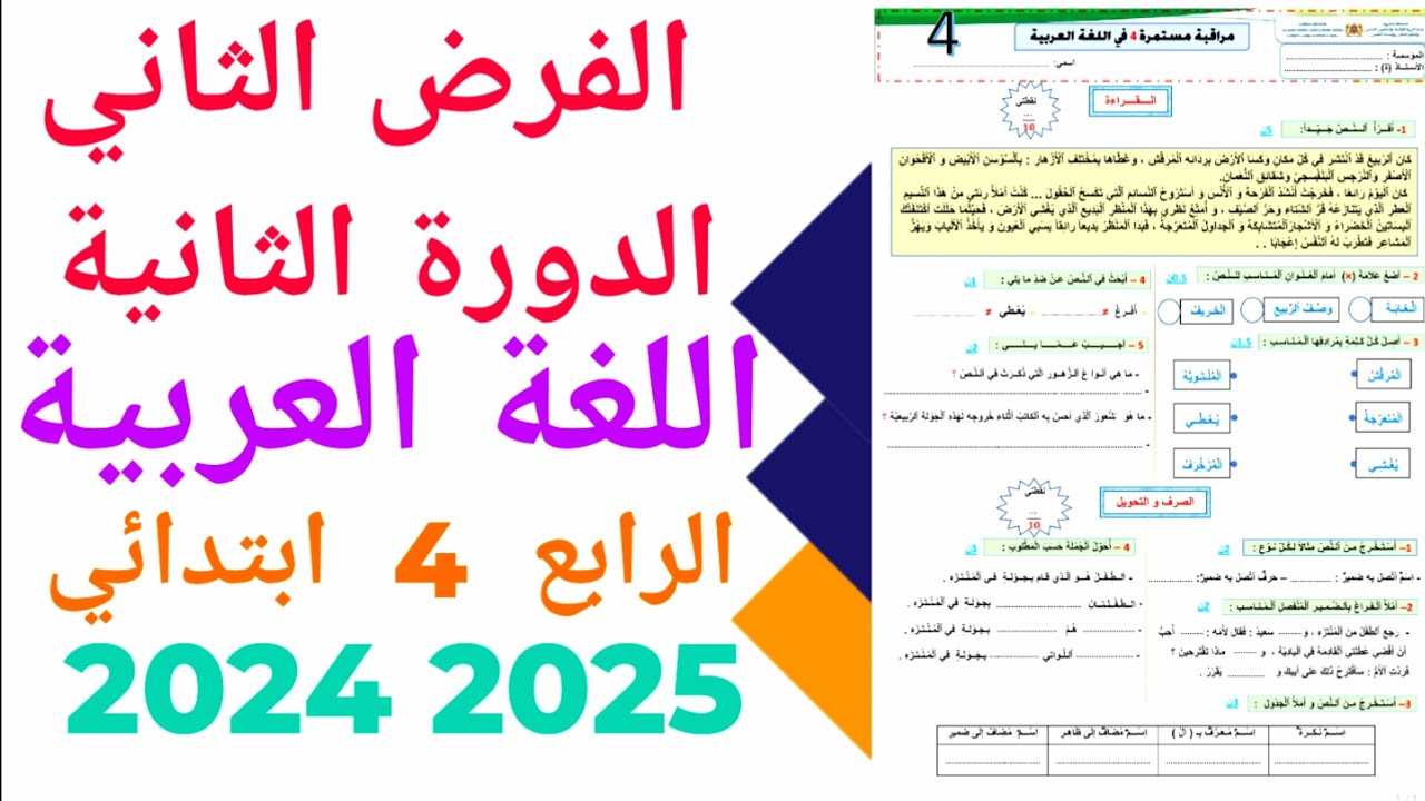 الفرض الثاني الدورة الثانية  المستوى الرابع ابتدائي مادة اللغة العربية نمودج  1   2024/2025