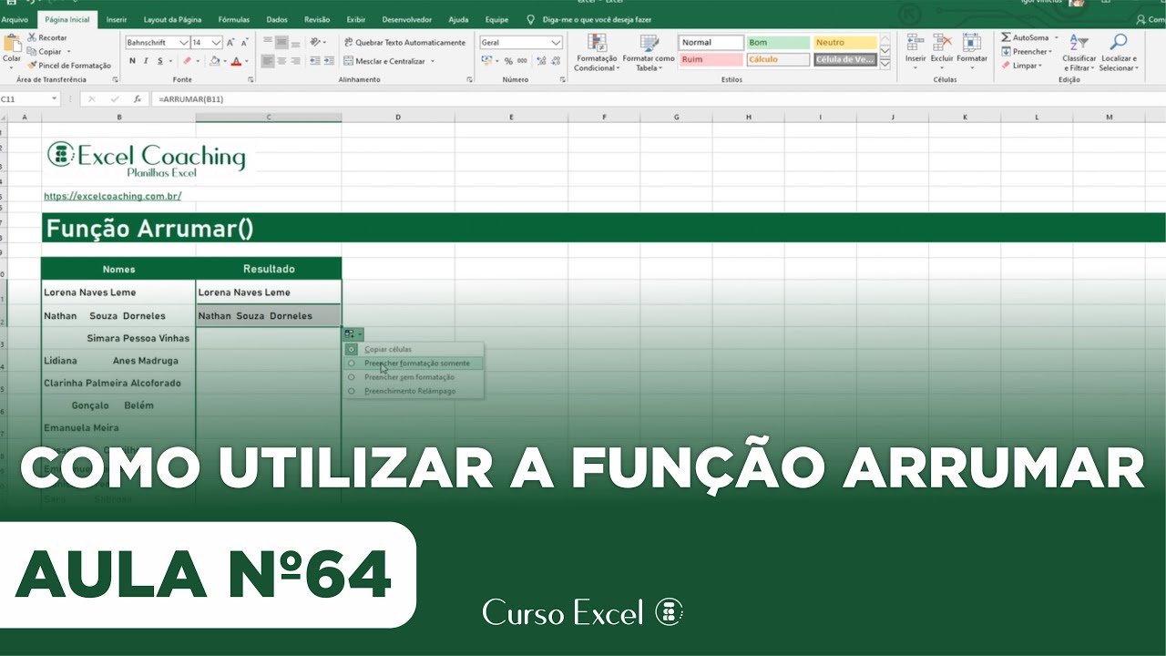 Como Padronizar dados no excel - Fun&ccedil;&atilde;o Arrumar - Curso Excel