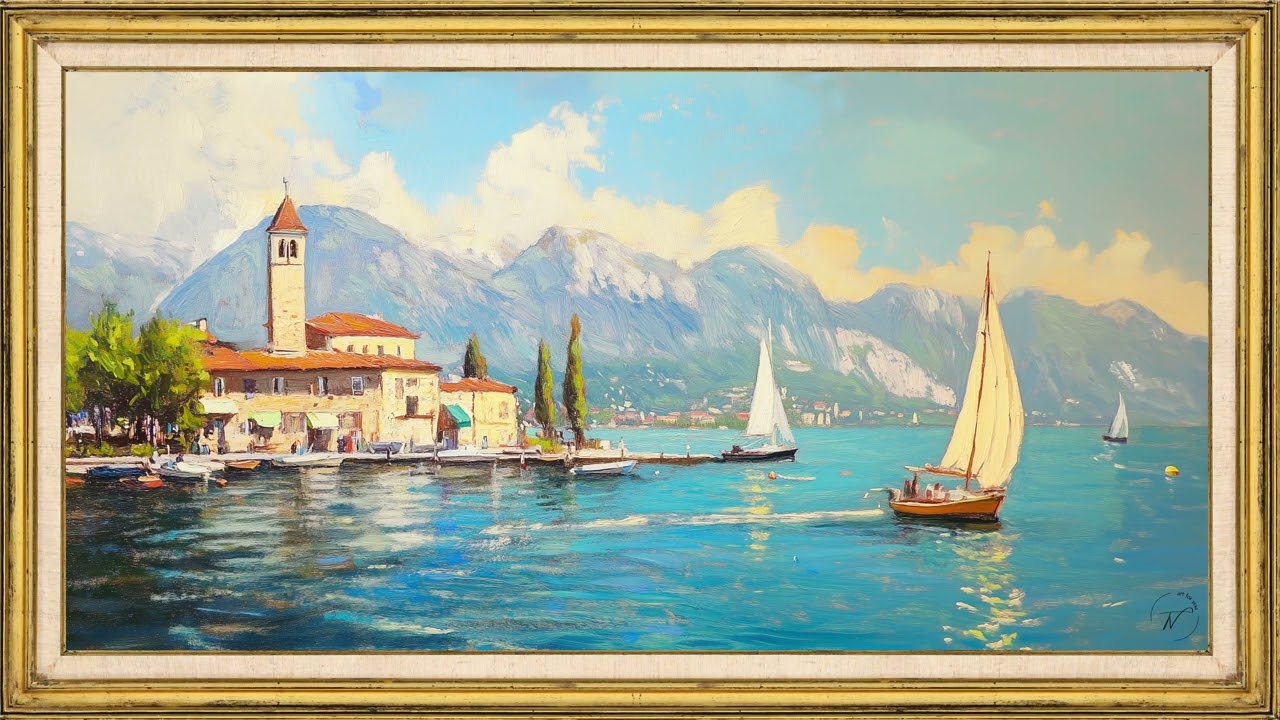 4K Mediterranean Lake Village Painting 🌊 2 Hours Relaxing Art Screensaver | TV Frame Art