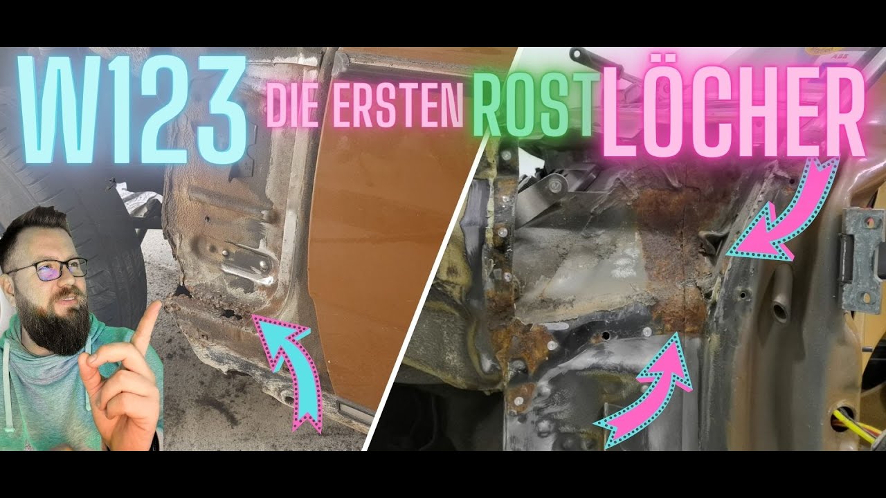 Mercedes w123 erste Rostlöcher. Scharniertaschen frei gelegt, Demontage der Blechteile.