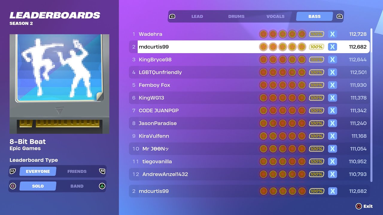 [Fortnite Festival S2] 8-Bit Beat Expert Bass 100% FC