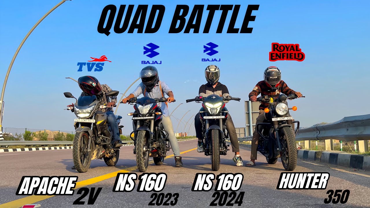 2024 pulsar ns 160 vs tvs Apache 160 2v vs pulsar ns 160 vs royal Enfield hunter 350 | quad battle😱